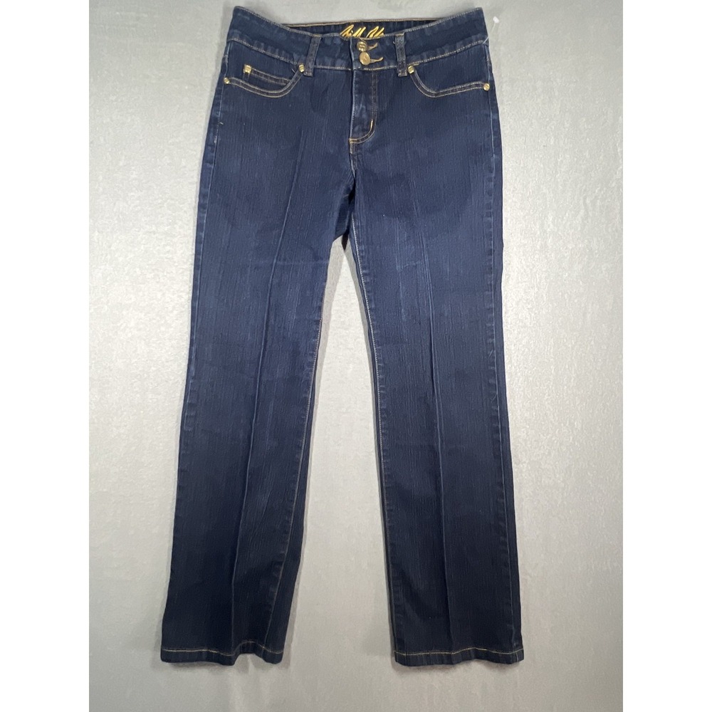 Bill Blass Women's 4P Petite Dark Wash Bootcut Jeans Stretch Rhinestone